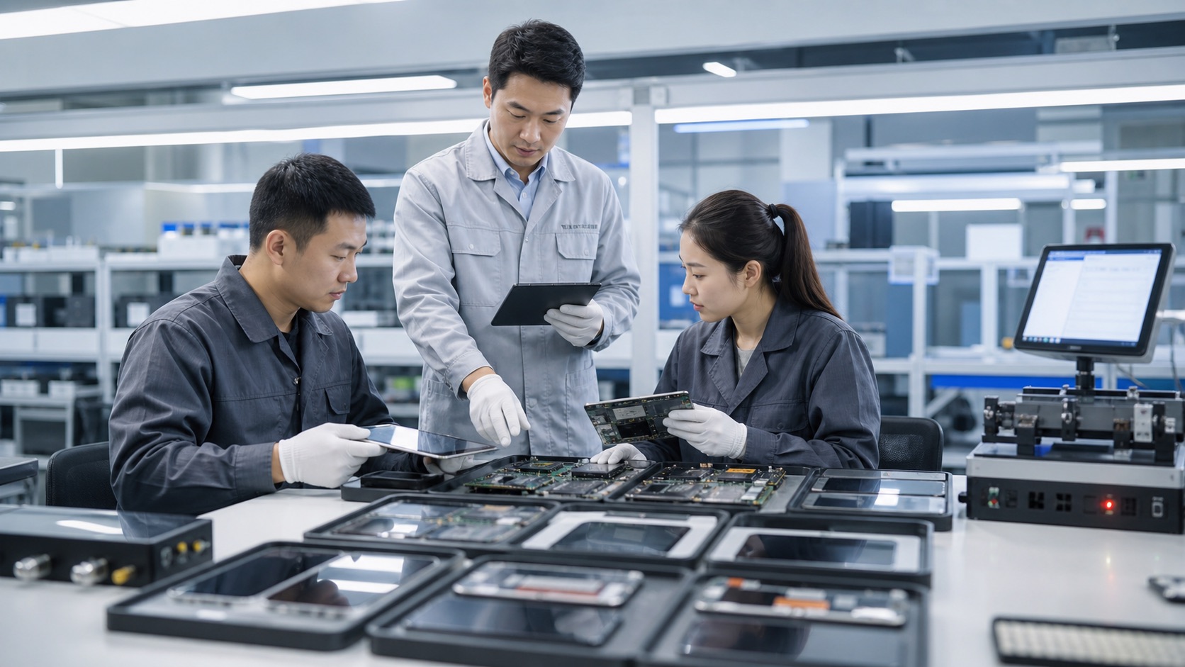 Quality assurance team checking repaired electronics